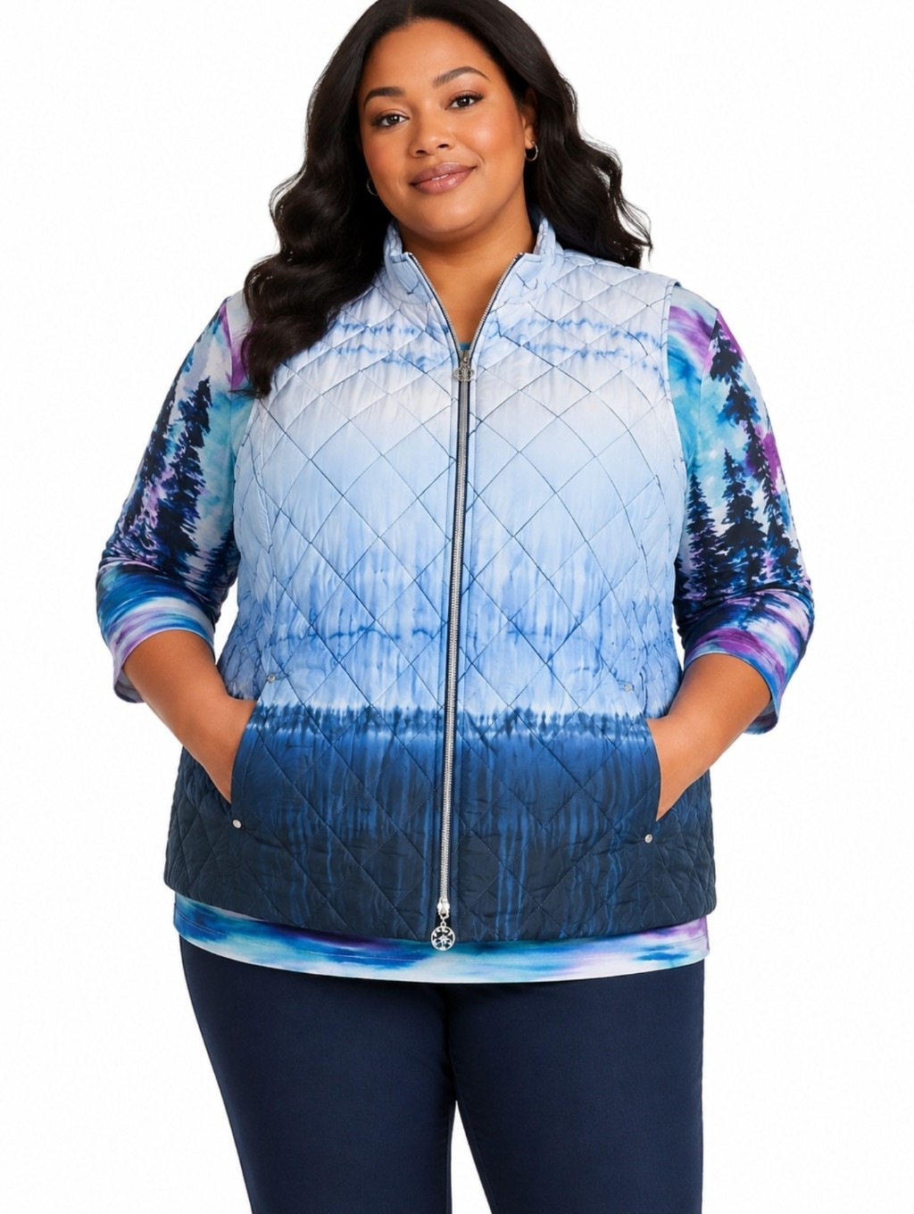 Allison Daley Women 2x Blue Tie Dye Quilted Zip Front Vest Nwt